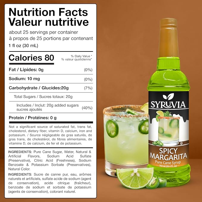 Syruvia Spicy Margarita Syrup, Flavored Syrup for Cocktails, Drinks, Lemonades, Iced Teas, and Desserts – 25.4 fl oz - with Pump