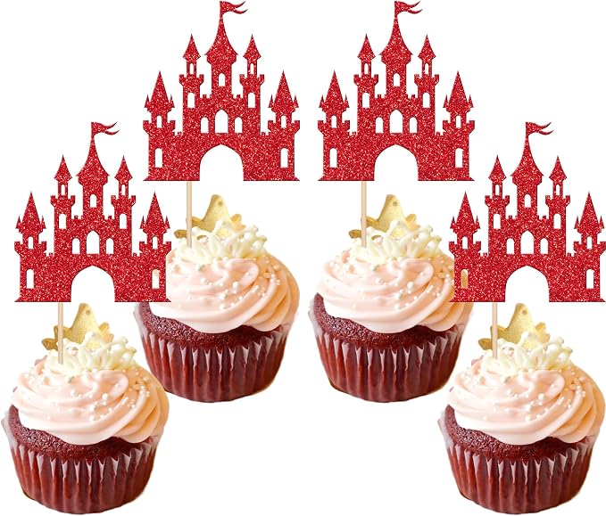 24 PCS Princess Castle Cupcake Toppers Glitter Princess Cupcake Toppers Queen Castle Theme Birthday Party Cake Decoration for Girls Princess Baby Shower Happy Birthday Party Decorations Supplies Red