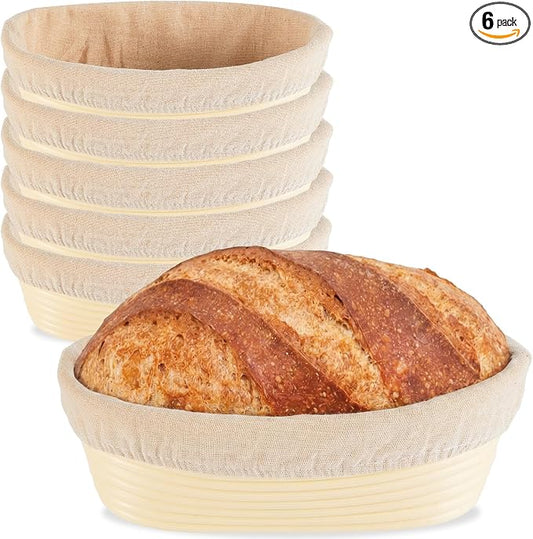 6 Pack Banneton Bread Proofing Basket 10 Inch Oval Rattan Banneton Baskets with Linen Liner Cloth Sourdough Basket Dough Proofing Basket for Professional & Home Sourdough Bread Baking