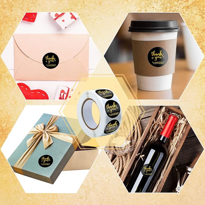 Outus 620 Pieces Thank You for Supporting My Small Business Cards and Stickers Set, Thank You Gold Foil Stickers with Resealable Packaging Bag for Business Owners Packaging Supplies (Black)