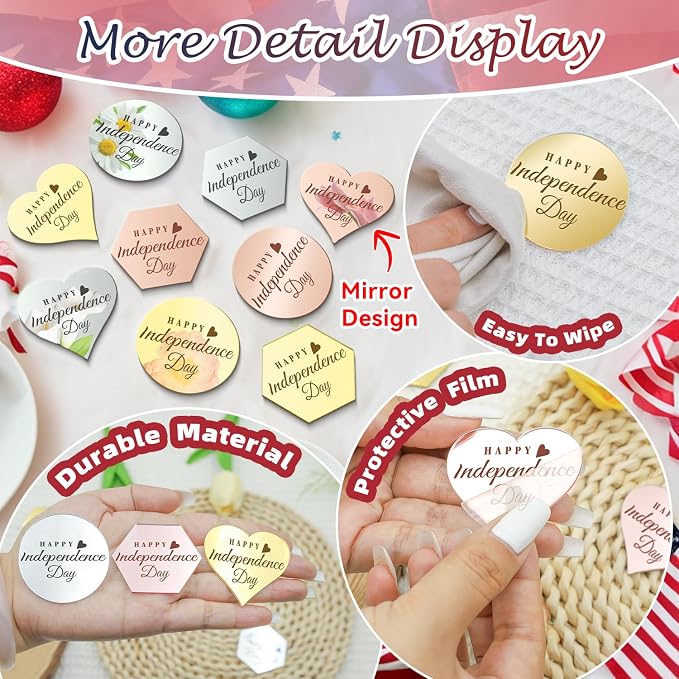 45PCS Happy 4th of July Cake Toppers, Mirror Acrylic Cupcake Toppers 3 Multi-shape & 3 Different Color Custom Cupcake Picks for 4th of July Party Decorations