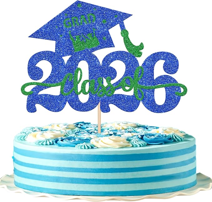 1 Pack Class of 2026 Cake Topper Glitter Congrats Grad Cap 2026 Graduation Cake Pick Decoration for 2026 Graduation Theme High School Graduate Party Cake Decorations Supplies Blue Green