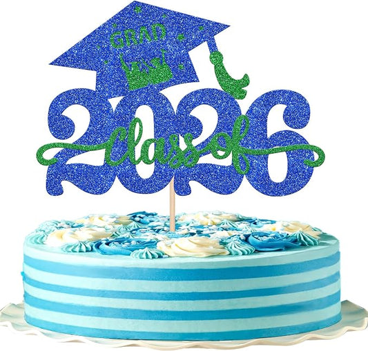 1 Pack Class of 2026 Cake Topper Glitter Congrats Grad Cap 2026 Graduation Cake Pick Decoration for 2026 Graduation Theme High School Graduate Party Cake Decorations Supplies Blue Green