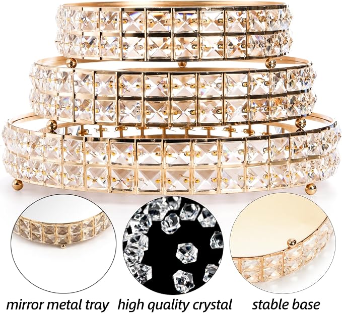 Goaste 3 Pack Crystal Cake Display Stand with Mirror, 14" 12" 10" Metal Pedestal Gold Round Cake Plate Stand, Dessert Cookies Fruit Serving Tray with Shining Crystal Beads for Wedding, Birthday Party