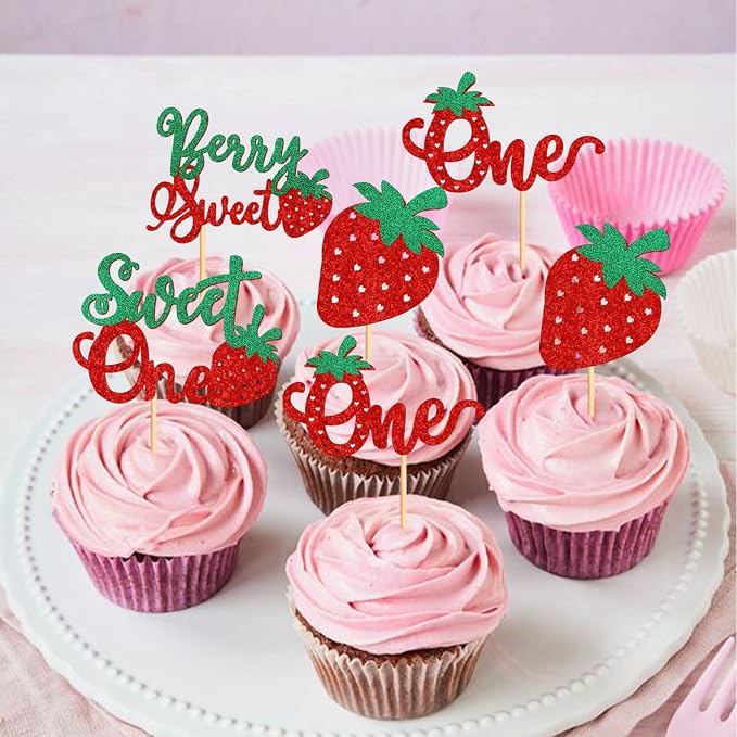 24 Pack Strawberry One Cupcake Toppers Strawberry Sweet One Cupcake Picks for Birthday Wedding Party Baby Shower Summer Garden Party Decoration Supplies Green