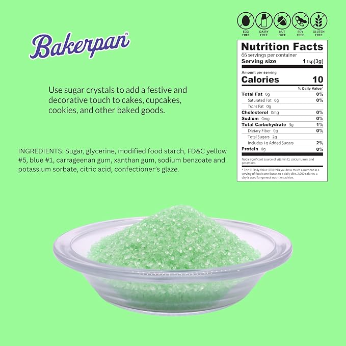 Bakerpan Mint Green Sugar Sprinkles for Baking - 7 oz Coarse Sparkling Decorating Sugar Crystals for Baking Topping, Cookies & Cupcakes | Kosher, Gluten-Free, Made in USA