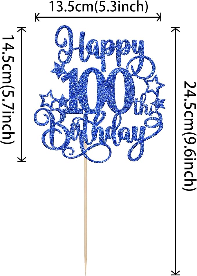 1 PCS Happy 100th Birthday Cake Topper Glitter Cheers to 100 Years Birthday Cake Pick Hello 100 Fabulous Cake Decoration for Happy 100th Birthday Anniversary Party Decorations Supplies Blue