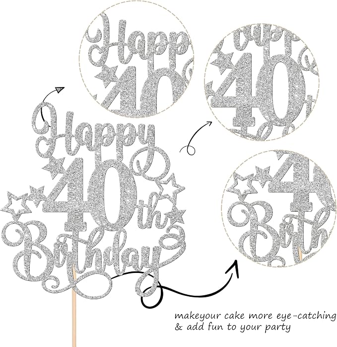 1 PCS Happy 40th Birthday Cake Topper Glitter Cheers to 40 Years Birthday Cake Pick Hello 40 Fabulous Cake Decoration for Happy 40th Birthday Anniversary Party Decorations Supplies Silver