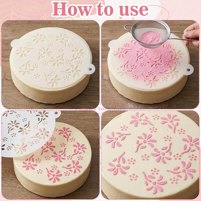 4Pcs Happy Birthday Cake Stencil, Patterns Hearts Floral for Baking | 4Pcs cake stencils:Happy Birthday,Hearts,Love,Floral.Food-grade PET,reusable,smooth edges.For fondant,buttercream,cookies