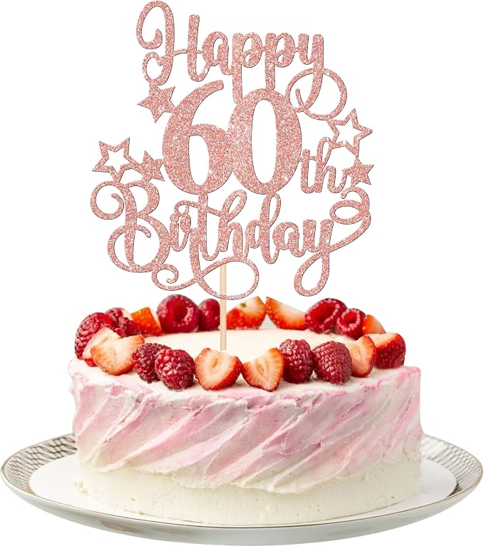 1 PCS Happy 60th Birthday Cake Topper Glitter Cheers to 60 Years Birthday Cake Pick Hello 60 Fabulous Cake Decoration for Happy 60th Birthday Anniversary Party Decorations Supplies Rose Gold