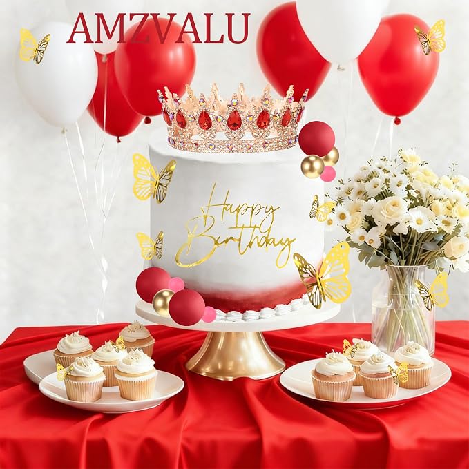 Crown Cake Topper, Red & Rose Gold Crown Balls Happy Birthday Cake Toppers Candles Butterfly, Corona Para Pastel, Crown Cake Decorations for Women Queen Princess (Rose Gold, Red)