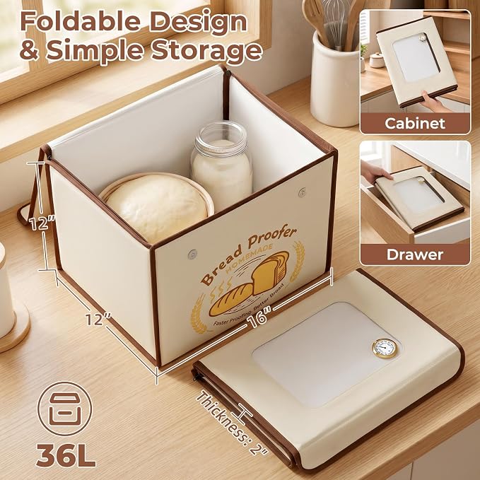 Folding Bread Proofing Box with 50-113℉ Temp Control & 48H Timer, Dough Proofer with Hygrometer, Metal Rack, Recipes, Sourdough Starter Warmer Sourdough Proofer Box for Making Bread, Pizza, Yogurt
