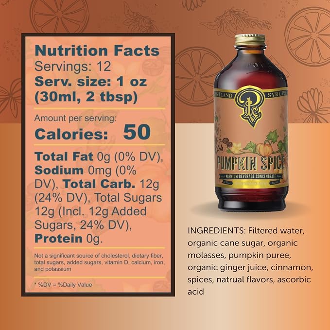 Portland Syrups Pumpkin Spice Syrup - Organic Pumpkin & Ginger Coffee Syrup for Lattes, Mocktails, & Baking - Rich Flavor, Organic Cane Sugar, Natural Ingredients,12 oz Bottle, 24 Servings (Pack of 1)