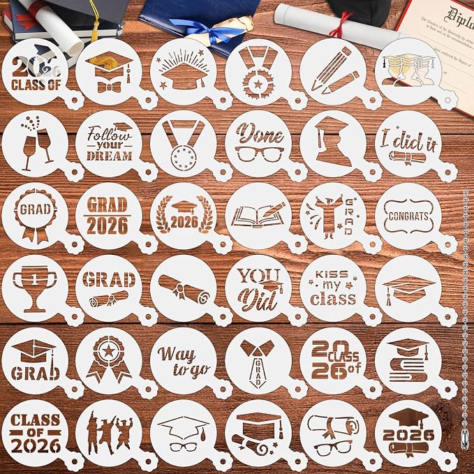 JULBEAR Graduation Cookie Stencils 36 Pcs Class of 2026 Reusable Templates | Cookie Decorating Supplies, Graduate Party Coffee Decoration, Baking Dessert Painting DIY, 36 Pieces Templates Tools