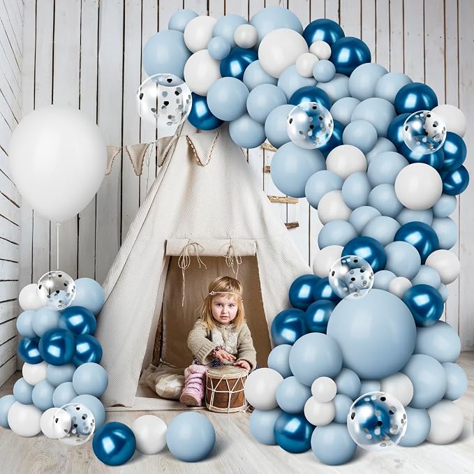 Blue Balloon Garland Arch Kit, 109 Pcs Macaron Blue Confetti & Metallic White Silver Balloons for Baby Shower Boy's Birthday Party Wedding Graduation Decoration Supplies