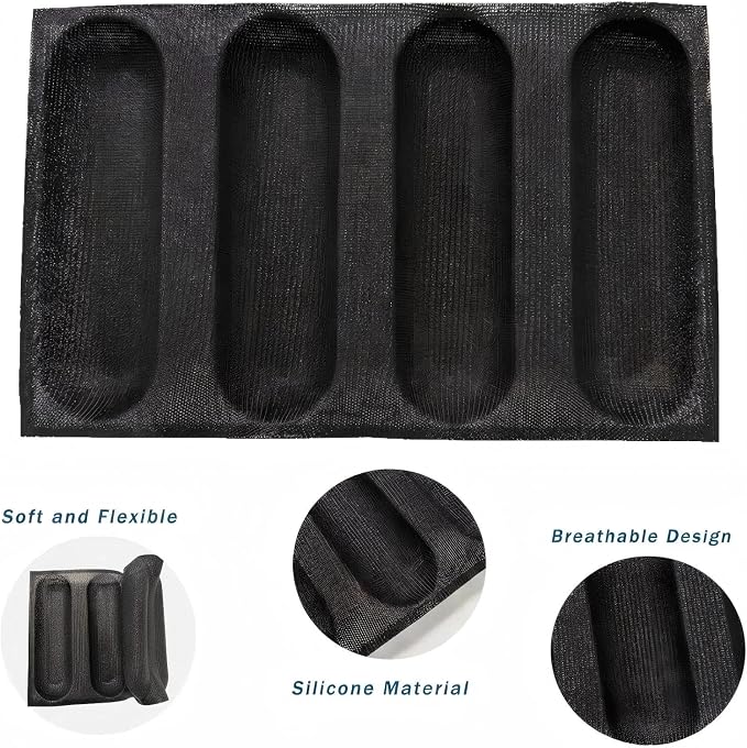 Dioycli Silicone Bread Loaf Pan for Baking Large Baguette Bread Pan Perforated Hot Dog Bun Pan 4 Loaf Non Stick Baking Liner Mat