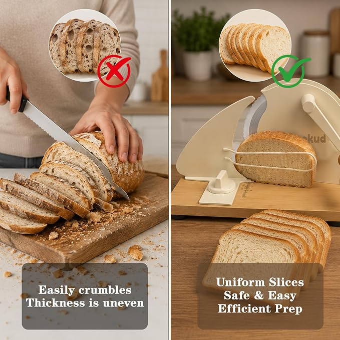 Manual Bread Slicer for Homemade Sourdough – Hand Crank Rotary Slicer | 0–0.8″ Adjustable Thickness, Stainless Steel Serrated Blade, Non-Slip Suction Cups, and Aluminum Alloy Frame