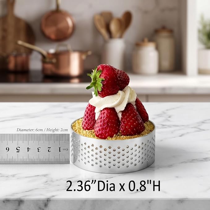 DATANYA 12Pack Tart Rings Perforated Tart Ring, Stainless Steel Cake Rings 2.36Inch Round Mousse Ring Molds for Baking Cooking Dessert, small fruit tartet crust 6cm
