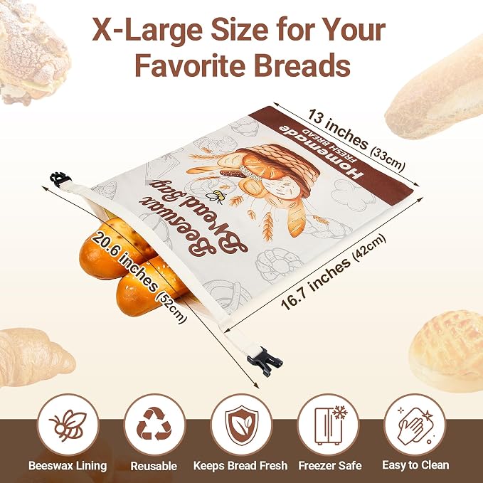 Beeswax Bread Bag, 2 Pack Reusable Bread Bags for Sourdough & Homemade Bread, Phsfem XL Size Organic Cotton Linen Bags with Natural Beeswax Lining,for Bread Freshness,Friendly Use,Brown