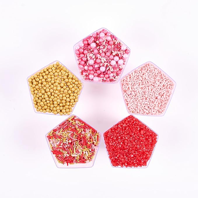Confect Princess Dream Sprinkles – 5 Pack Assorted Cake Decorating Mix (Teal Jimmies, Pink, Red, Gold & White Pearl Dragees, Deep Red Sparkling Sugar) – Elegant Toppings for Cakes, Cupcakes, Cookies – Vegan, Gluten-Free, Nut-Free, Soy-Free, Dairy-Free,...