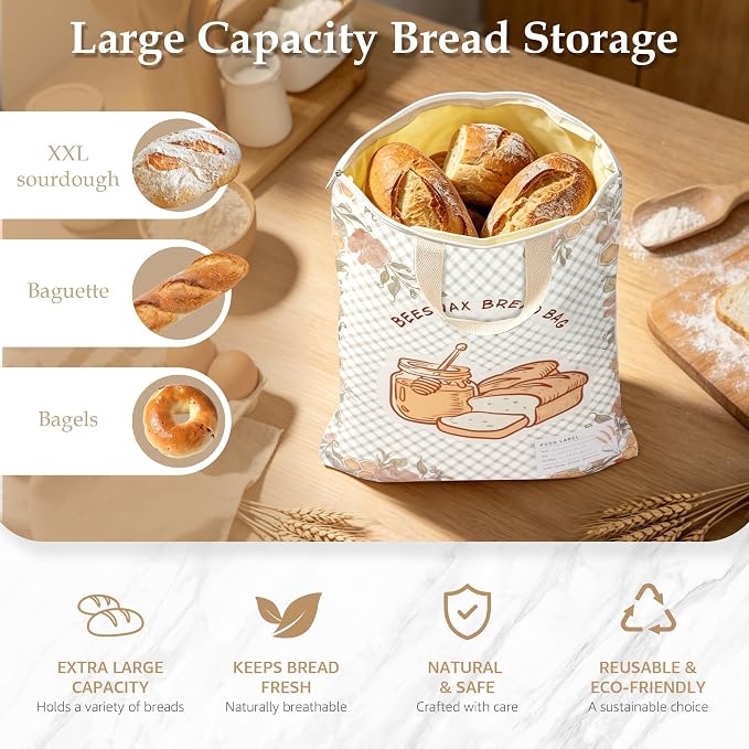2 Pack Beeswax Bread Bags for Sourdough, 17x13 Inch Reusable Cotton Bread Storage Bags with Zipper and Handle Natural Beeswax Lining Freezer Friendly with 10 Food Labels Included (Floral Honeycomb)