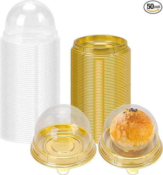NPLUX Mini Individual Cupcake Container Mini Cupcake Holder Desk Pet Containers for Chocolate Covered Cookies, Strawberry, Mooncake(50 Pack, Gold)