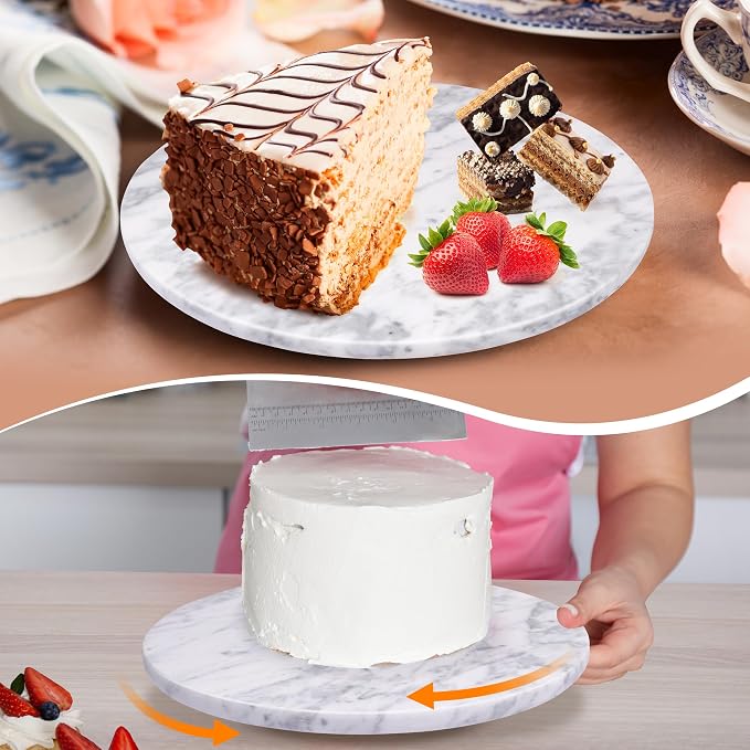 Marble Lazy Susan, 12" Cake Turntable for Decorating, Natural Marble Cake Stand Turntable Baking Supplies for Displaying Cupcakes Cheese Cookies (White with Gray Tone)