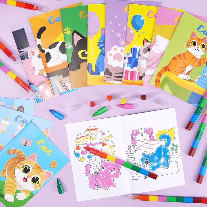 BenLouis 12 Cat Mini Coloring Books Kids with 12 Stacking Crayons Cute Kitten Small Party Favors Small Activity Books Bulk for Kids Pet Party Gift Goodie Bag Stuffers