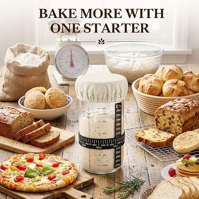 24 oz Sourdough Starter Jar Kit, Glass Sourdough Starter Jar with Date Mark, Thermometer, Scraper, Cloth Cover & Lid, Complete Sourdough Baking Supplies for Beginners & Pros