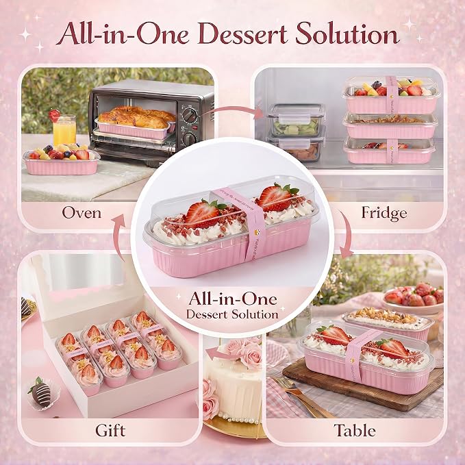 YQER 100 Pack Mini Loaf Pans with Lids and Spoons, 6.8oz Disposable Aluminum Foil Mini Cake Pans and Baking Tins with Sealing Stickers, Individual Pink Dessert Containers for Parties and Gifts