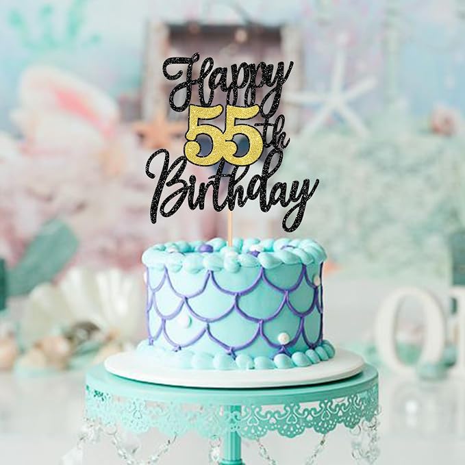 1 PCS Happy 55th Birthday Cake Topper Black Gold Glitter Cheers to 55 Years Birthday Cake Pick 55 Fabulous Cake Decoration for Happy 55th Birthday Anniversary Party Decorations Supplies