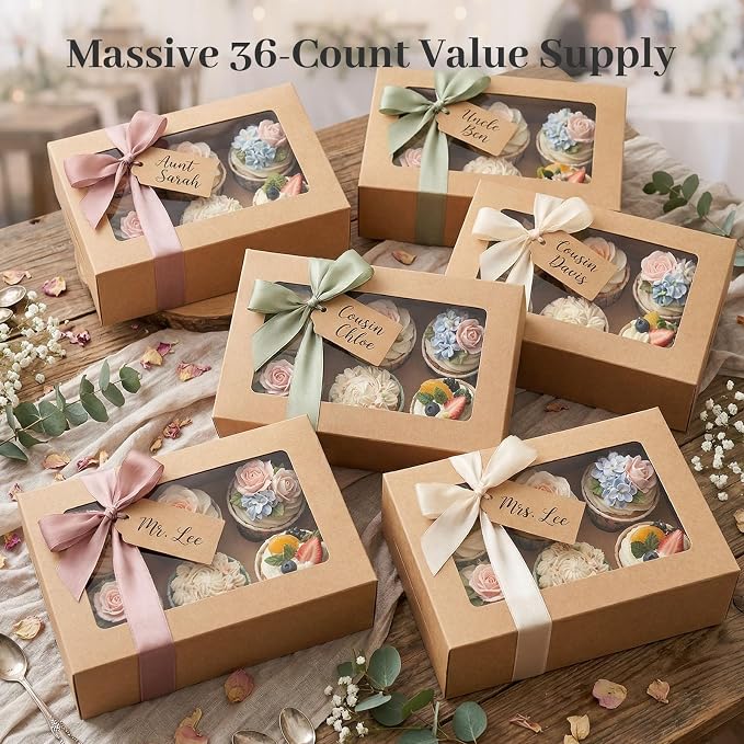HANSGO 6 PCS Cupcake Boxes, 9.5x6.3x3.5 Inch Cupcake Containers Brown Pastry Boxes with Inserts 6 Holders for Muffins Pastry Strawberry, Party Supplies