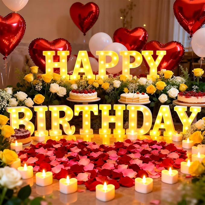 Happy Birthday Light up Letters, Include Tea Lights Candles, Latex Balloons, Aluminum Balloons and Rose Petals, Special Festival, Surprise Gifts for Women and Men