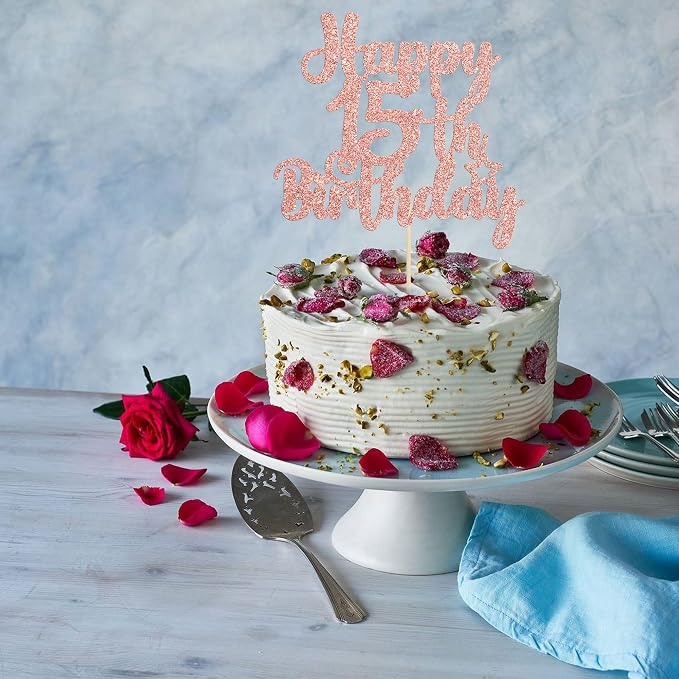 Gyufise 1Pc Happy 15th Birthday Cake Topper Glitter 15 & Fabulous Cheers to 15 Years Old Cake Pick for Celebrating 15th Birthday Anniversary Party Cake Decorations Supplies Rose Gold