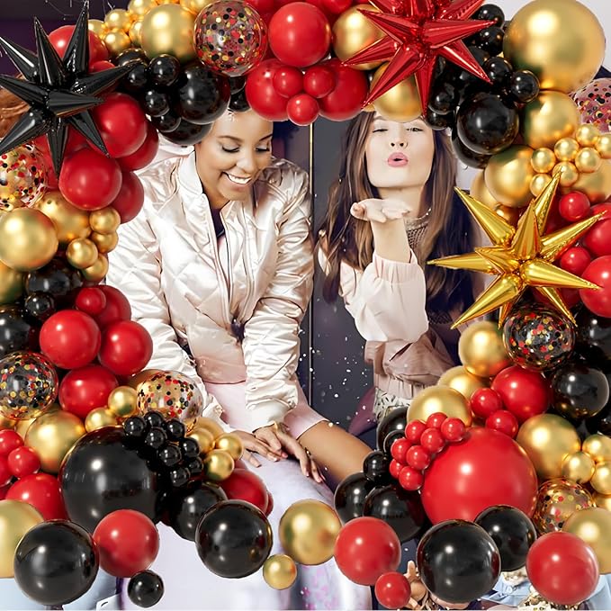 Bonropin Red Black Gold Balloon Garland Arch Kit 158pcs with Red Black Gold Confetti Balloons, Star Foil Balloons, for Graduation New Year Anniversary Birthday Party Decorations
