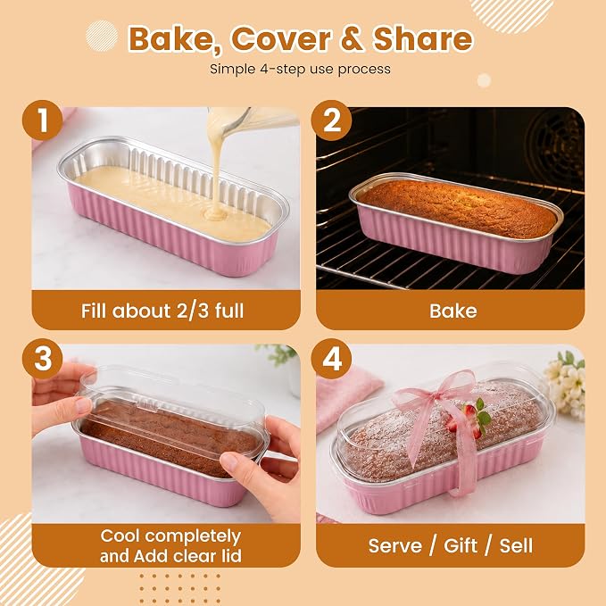 Mini Loaf Pans with Lids, 50 Pack Pink 6.8oz for Birthday Treats | Fits small cakes, chocolate bites, fruit cups and chilled desserts; clear visibility helps separate mixed recipes.