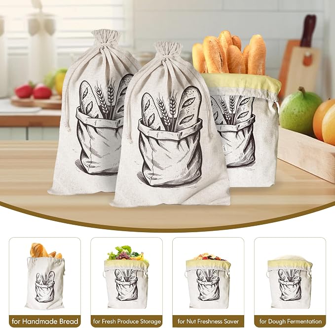 Reusable Bread Bags for Homemade Bread，Natural BeesWax & Linen Cotton，Large Capacity and Portable,Bread Keeper for Sourdough，Food/Bread Storage,with Free Baguette Bag