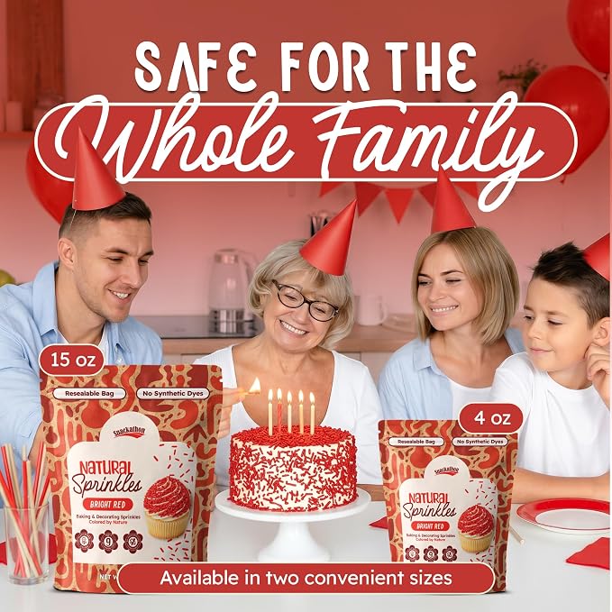 Snackathon Natural Sprinkles for Baking & Decorating, Dye-Free Red Sprinkles, 15 oz Bulk Jimmies in Resealable Bag - Naturally Colored, No Artificial Dyes, Gluten-free for Cakes, Cupcakes & Ice Cream
