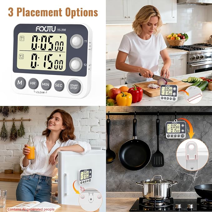 Digital Dual Kitchen Timer with Magnetic Back & Memory Presets, 2 Groups Countdown/Up Stopwatch Timer, 3-Level Volume + LED Alert, On/Off, 100Hr Max for Cooking, Baking (Battery Included)