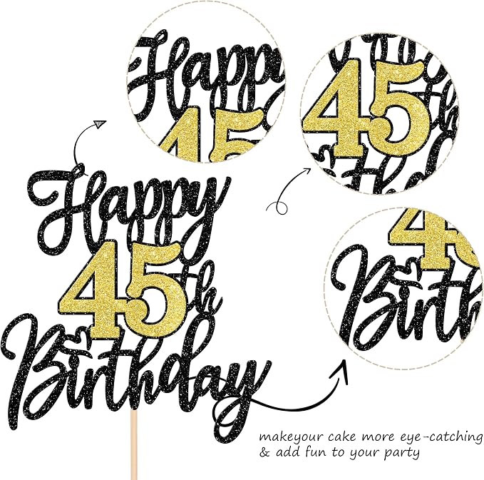 1 PCS Happy 45th Birthday Cake Topper Black Gold Glitter Cheers to 45 Years Birthday Cake Pick 45 Fabulous Cake Decoration for Happy 45th Birthday Anniversary Party Decorations Supplies