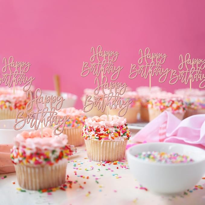 24 PCS Happy Birthday Cupcake Toppers Glitter Picks for Celebrating Anniversary Theme Party Cake Decorations Supplies Rose Gold