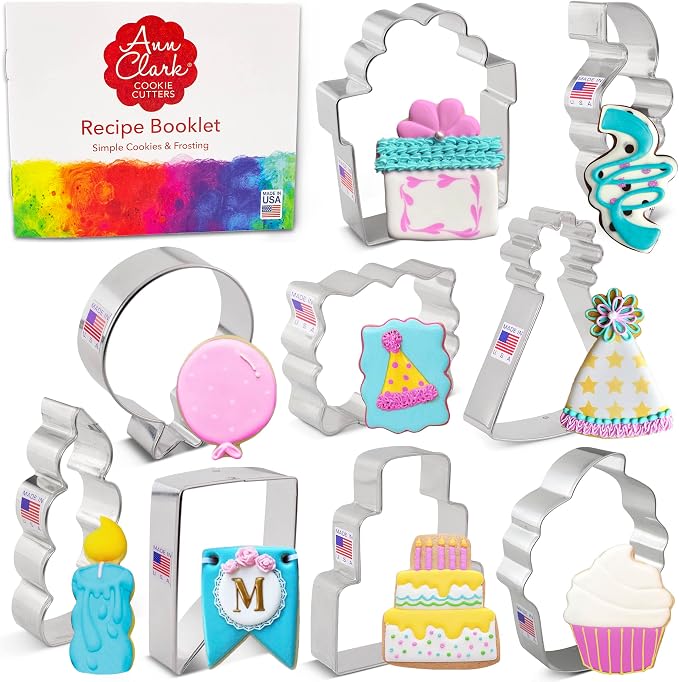 Ann Clark Birthday 9-Pc. Cookie Cutter Set, Made in USA, Birthday Hat, Cake, Cupcake, Balloon, Present, Candle, Bunting Banner, Confetti, Plaque