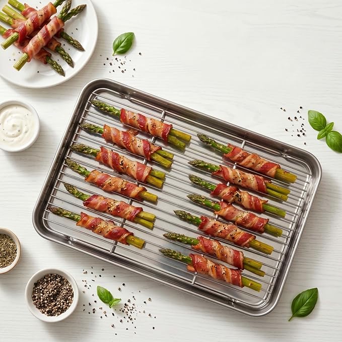 Homikit Baking Half Sheet with Rack (1 Pan + 1 Rack), 18" x 13" Stainless Steel Cookie Sheets for Baking, Metal Bacon Tray with Wire Cooling Rack for Oven Cooking Roasting, Nonstick& Dishwasher Safe