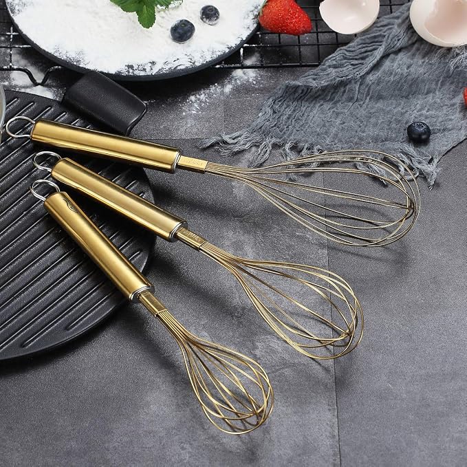 Berglander Gold Whisk Pack of 3 Stainless Steel 8",10",12", Titianium Plating Whisks for Cooking, Beater,Wire Whisk Set Kitchen Wisk (Gold)