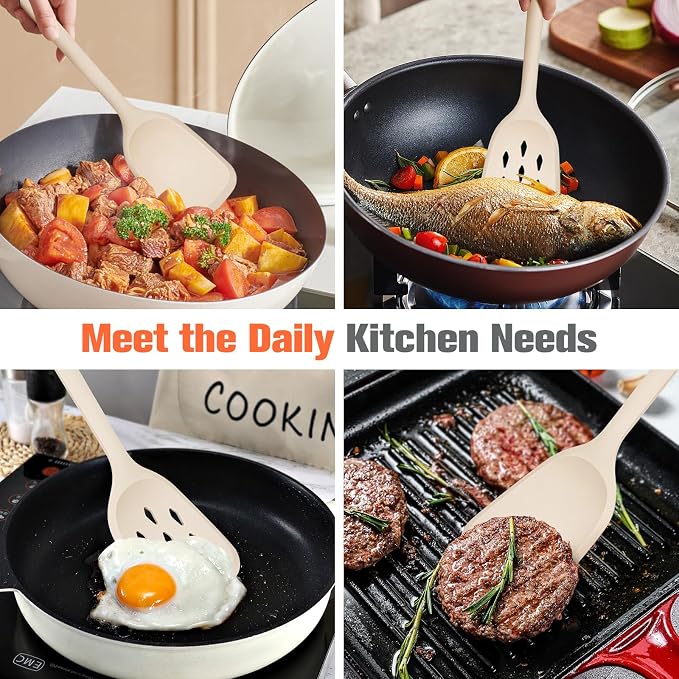 Silicone Cooking Spatula&Slotted Spatulas, Pack of 2,Solid Turner Kitchen Utensils Set for Cooking,Frying, Baking, Flipping, Turning,Heat Resistant 450℉ (KHAKI)