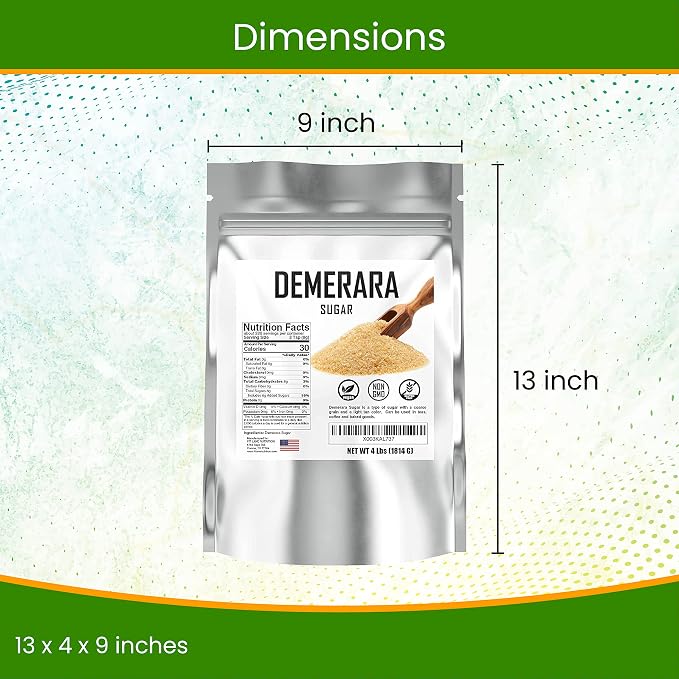 Bulk Demerara Sugar 4 lbs. Pure Unrefined Brown Crystals for Baking and Cooking. Value Size Bag.