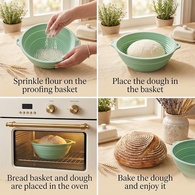 4-Pack Silicone Banneton Bread Proofing Baskets, 9.3-Inch Round Foldable Dough Bowls with Reinforced Rim, Oven & Dishwasher Safe, BPA-Free (Green, Blue, Pink, Beige)