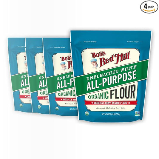 Bob's Red Mill Organic All Purpose Unbleached Flour, 3 Pound (Pack of 4) - Non-GMO, Vegan, Unbromated, Unenriched