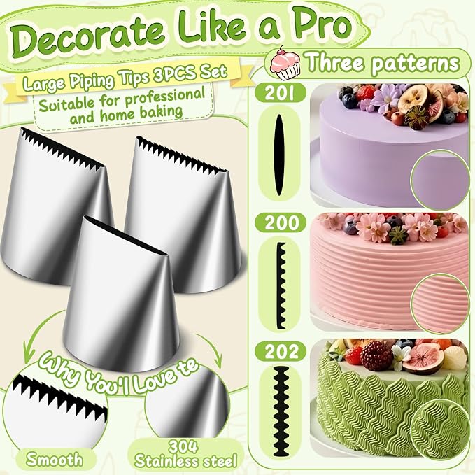NOVANO Large Piping Tips, 3PCS Set, Stainless Steel Icing Nozzles | Extra Large Plain & Serrated Tips, Cake Decorating, Cupcake Frosting, Cream Baking Tools