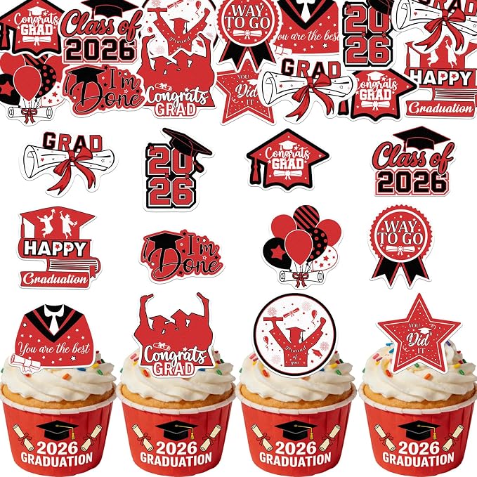 48pcs Edible 2026 Graduation Cupcake Toppers Wafer Paper Red Class of 2026 Cake Decorations Edible Congrats Grad Cupcake Picks for 2026 Graduation Theme Party Cake Supplies